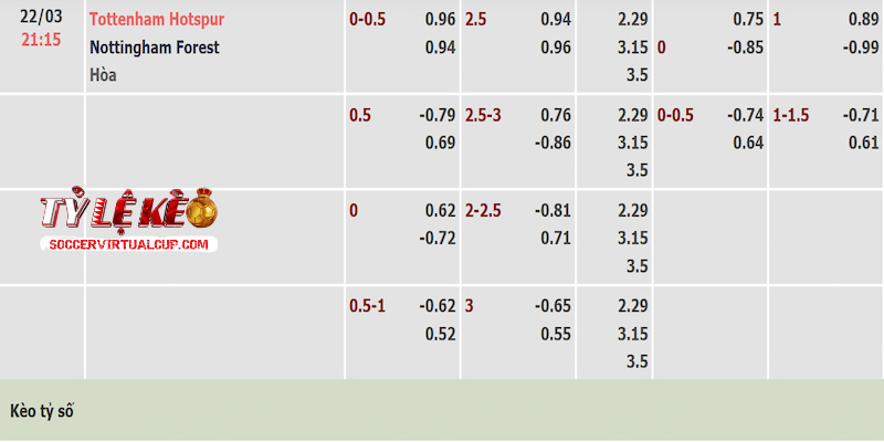 Tỷ lệ kèo trận Tottenham vs Nottingham Forest